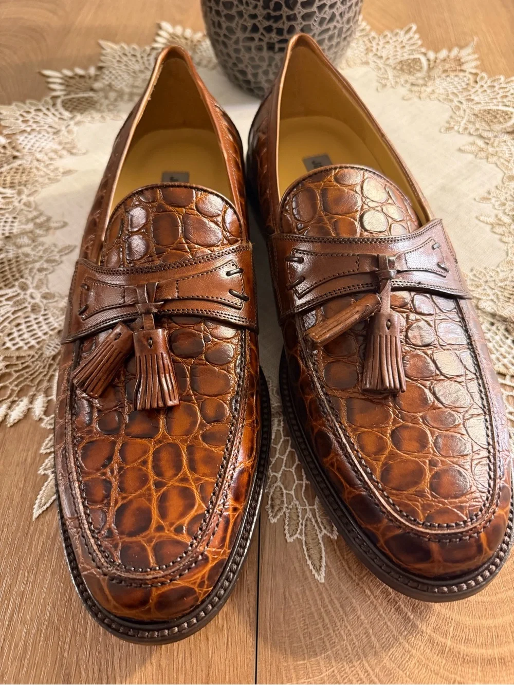 Men’s Johnston & Murphy Leather Tassel Loafers Croc Pattern 9.5 M made in Italy